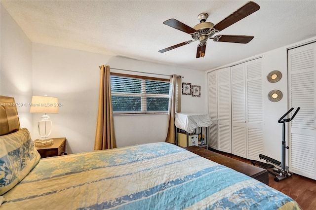 bedroom featuring ceiling fan, dark hardwood / wood-style flooring, a textured ceiling, and two closets