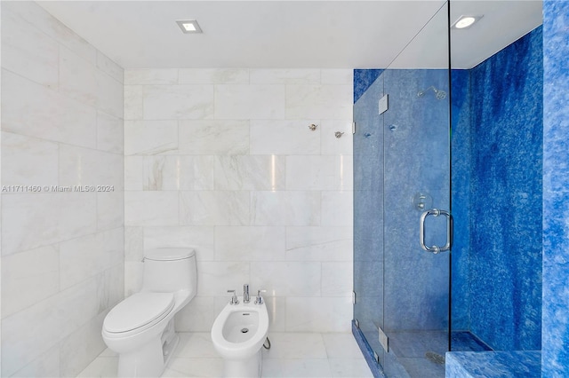 bathroom featuring toilet, an enclosed shower, tile walls, and a bidet