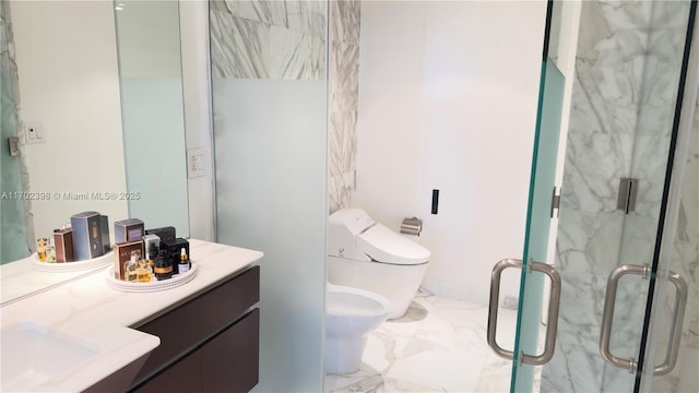 bathroom with a bidet, a shower with shower door, vanity, and toilet