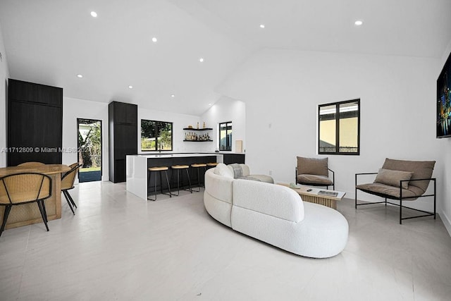 living room featuring high vaulted ceiling