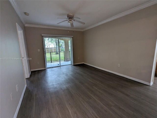 unfurnished room with ceiling fan, dark hardwood / wood-style flooring, and ornamental molding