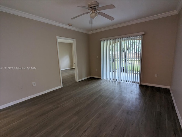 spare room with dark hardwood / wood-style floors, ceiling fan, and crown molding