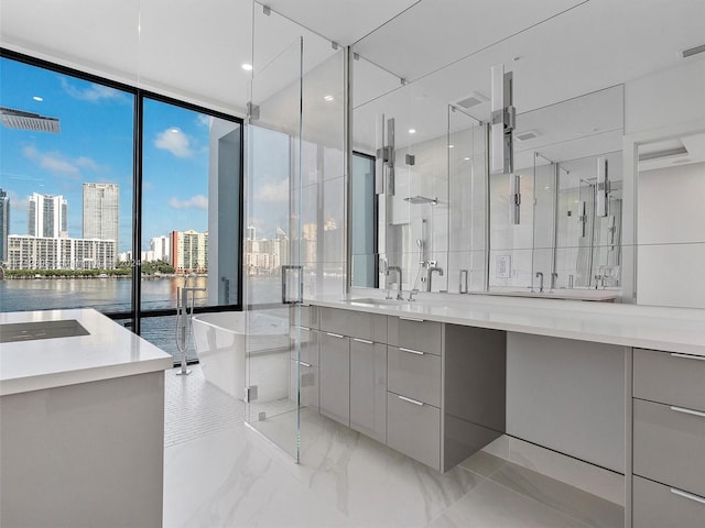 bathroom featuring plus walk in shower, vanity, and a water view