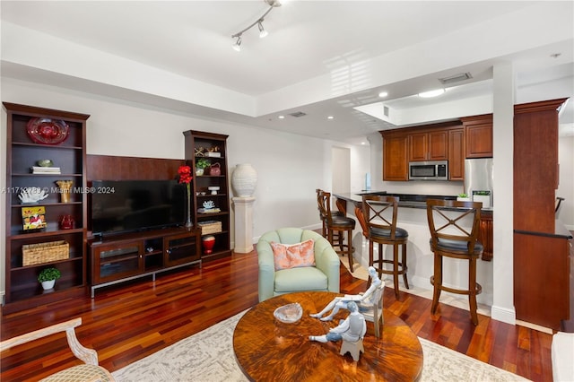 living room featuring a raised ceiling and dark hardwood / wood-style flooring