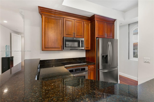 kitchen featuring dark stone counters, stainless steel appliances, and wood-type flooring