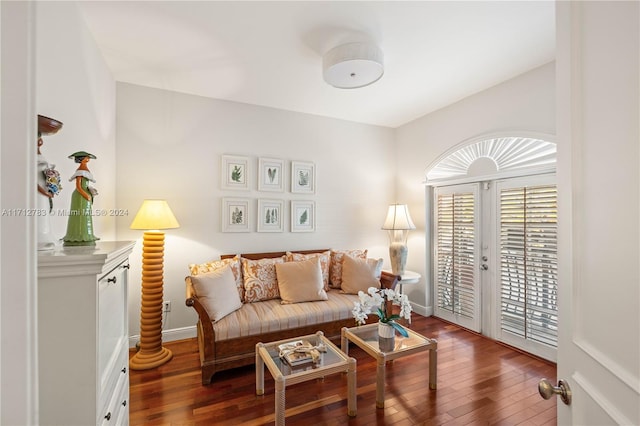 living room featuring dark hardwood / wood-style floors and french doors