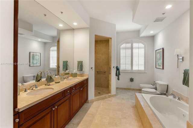 full bathroom featuring a wealth of natural light, a bidet, vanity, and toilet