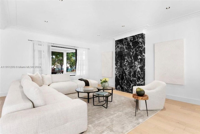 living room featuring ornamental molding and light hardwood / wood-style flooring