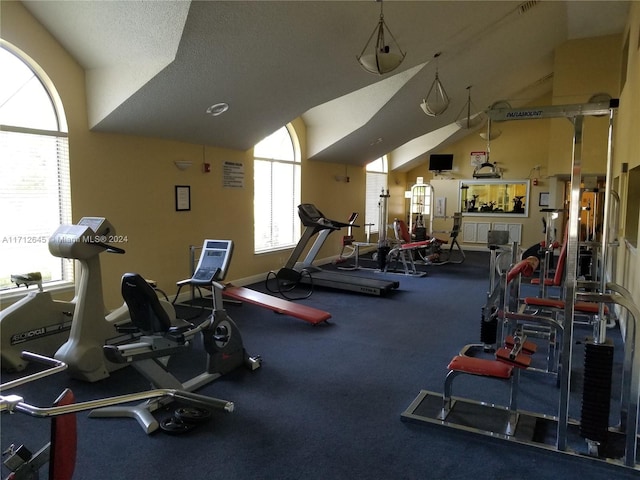 workout area with vaulted ceiling and a textured ceiling