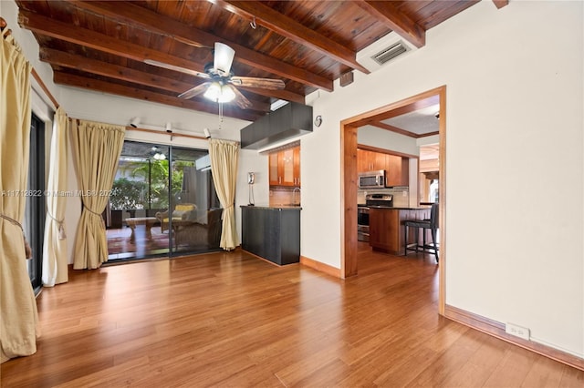 interior space featuring wooden ceiling, ceiling fan, and light hardwood / wood-style floors