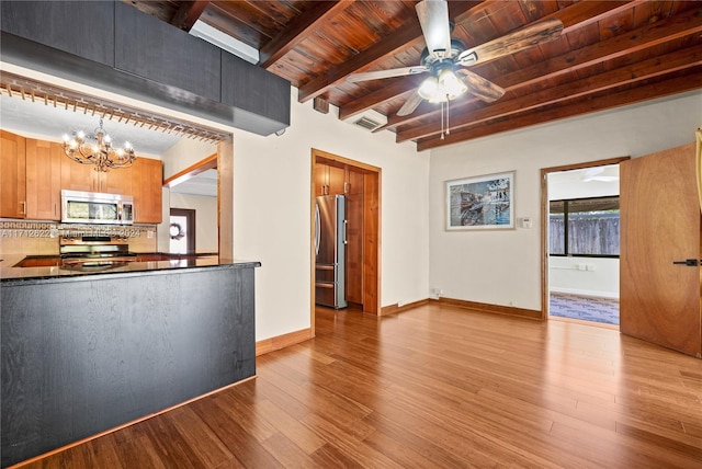 kitchen featuring wood ceiling, decorative backsplash, light wood-type flooring, and appliances with stainless steel finishes