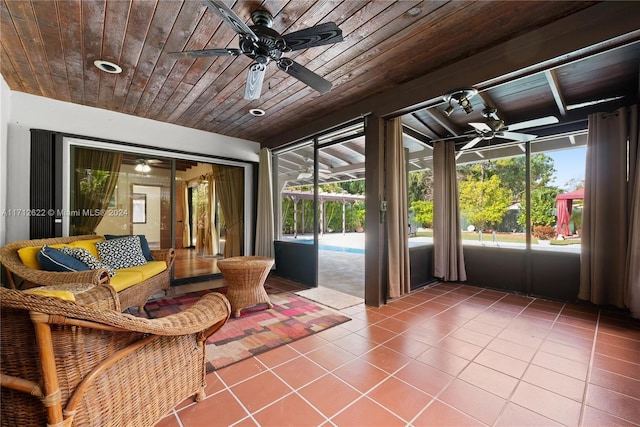 sunroom featuring a wealth of natural light and wooden ceiling