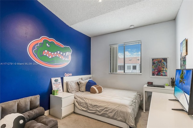 carpeted bedroom with a textured ceiling