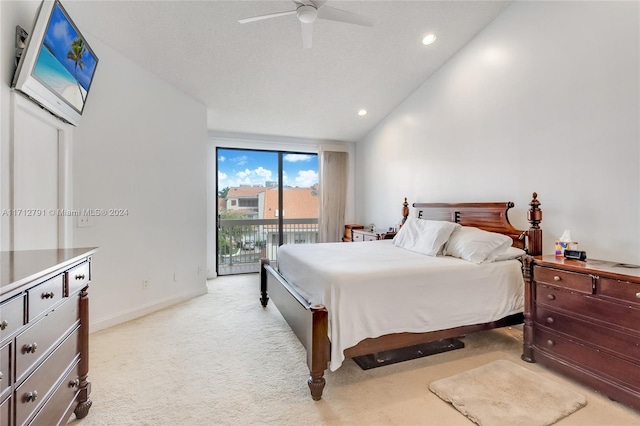 bedroom featuring ceiling fan, light colored carpet, lofted ceiling, and access to outside