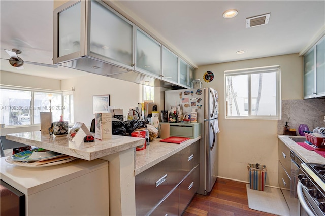 kitchen featuring stainless steel appliances, a wealth of natural light, tasteful backsplash, and dark wood-type flooring