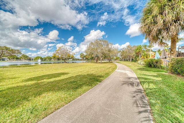 view of property's community featuring a water view and a lawn