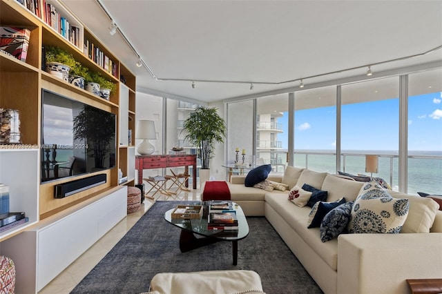 living room with a water view