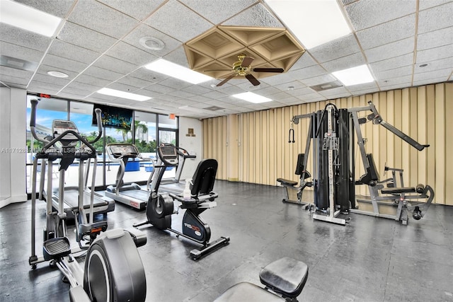 workout area featuring a drop ceiling, a ceiling fan, and expansive windows