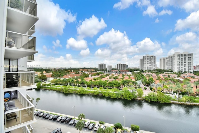 view of water feature with a city view