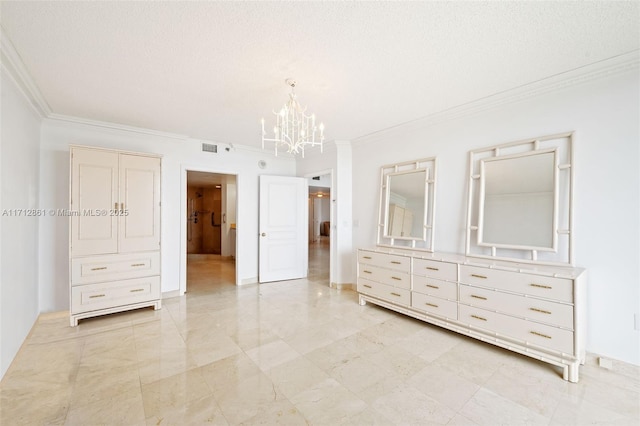 unfurnished bedroom featuring a chandelier, a textured ceiling, and crown molding