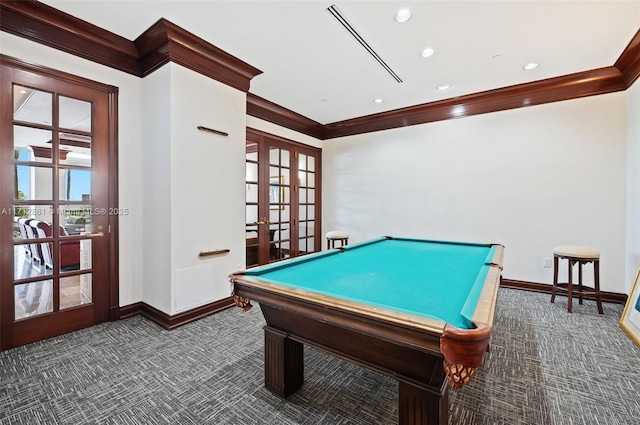 game room with crown molding, french doors, dark carpet, and billiards