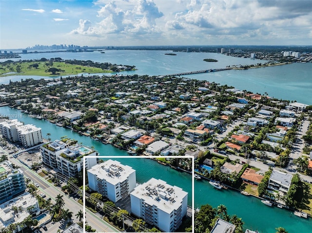 drone / aerial view featuring a water view