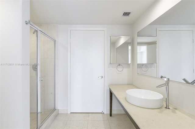 full bath with a shower stall, vanity, visible vents, and tile patterned floors