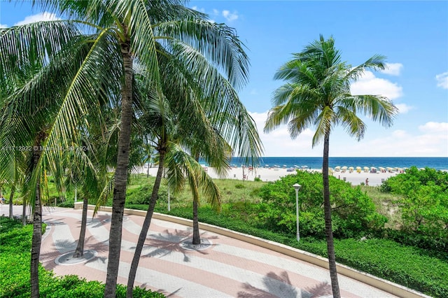 view of home's community with a water view and a beach view