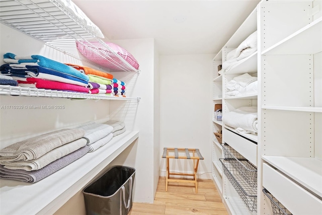 walk in closet with light wood-style flooring