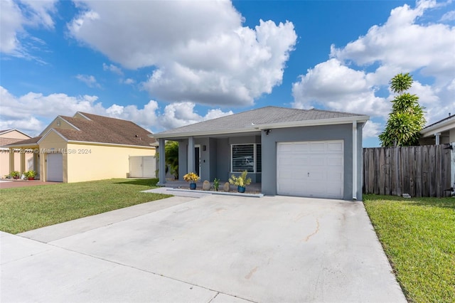 ranch-style home with a front yard and a garage