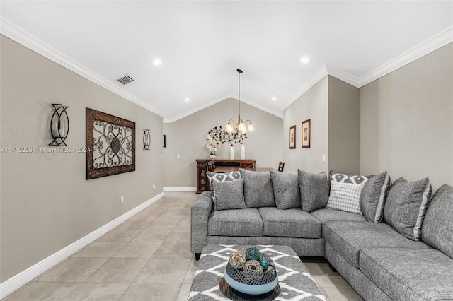 tiled living room with lofted ceiling, crown molding, and a chandelier