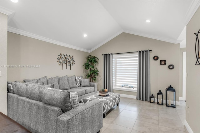 living room featuring lofted ceiling, crown molding, and light tile patterned floors