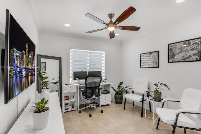 home office featuring light tile patterned floors, ceiling fan, and ornamental molding