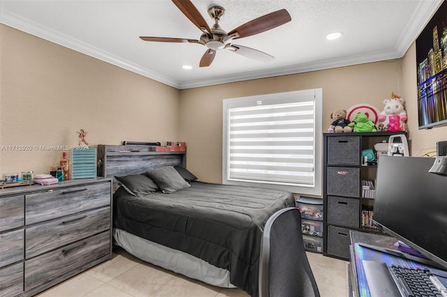 tiled bedroom with ceiling fan and ornamental molding