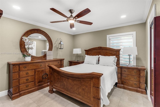 bedroom featuring ceiling fan, crown molding, and light tile patterned floors