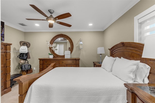 tiled bedroom with ceiling fan and crown molding