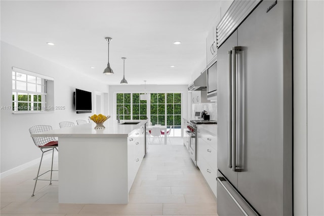 kitchen featuring a sink, a kitchen breakfast bar, plenty of natural light, and premium appliances