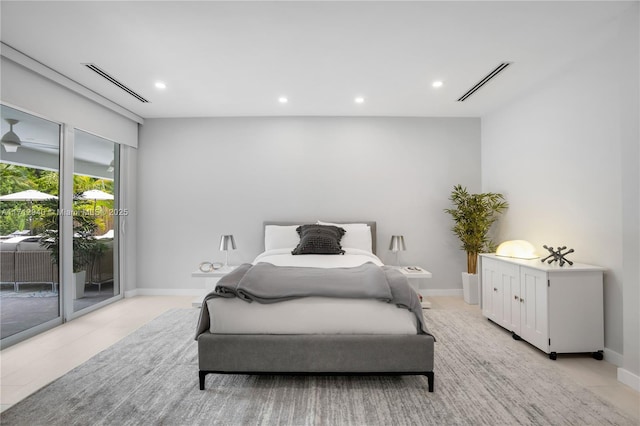 bedroom featuring recessed lighting, visible vents, access to outside, and baseboards