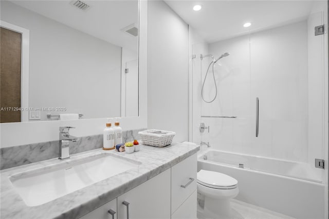 bathroom with vanity, visible vents, recessed lighting, toilet, and shower / bath combination