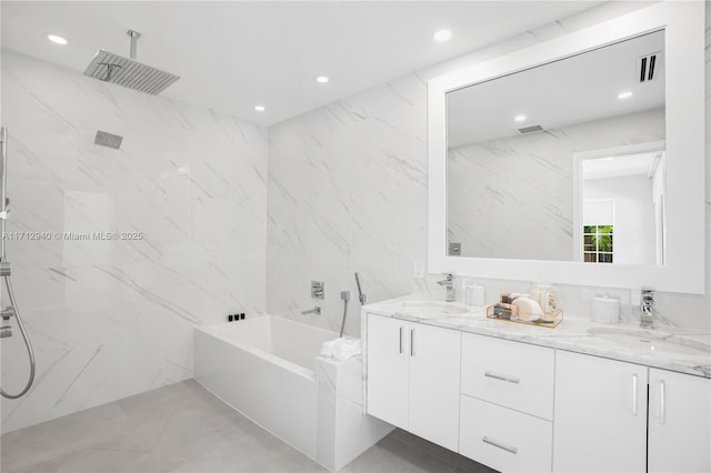full bathroom with a bath, visible vents, recessed lighting, a sink, and a marble finish shower