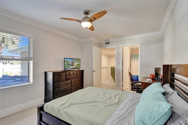 bedroom featuring ceiling fan and ornamental molding