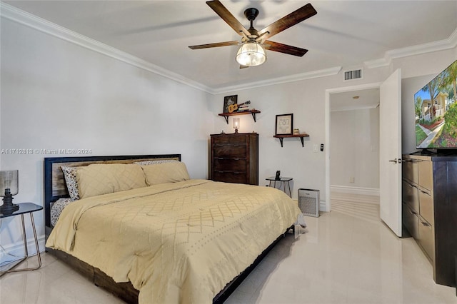 bedroom with ceiling fan and crown molding