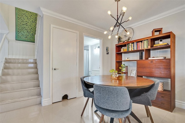 dining space featuring light tile patterned floors, an inviting chandelier, and crown molding