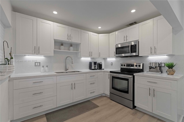 kitchen featuring white cabinetry, sink, stainless steel appliances, backsplash, and light hardwood / wood-style floors