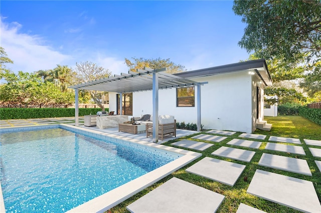 665 NE 117th St, Biscayne Park, FL 33161 - rear view of house with a pergola, outdoor lounge area, a patio, and stucco siding
