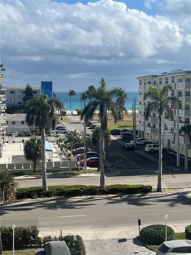 view of street with a water view