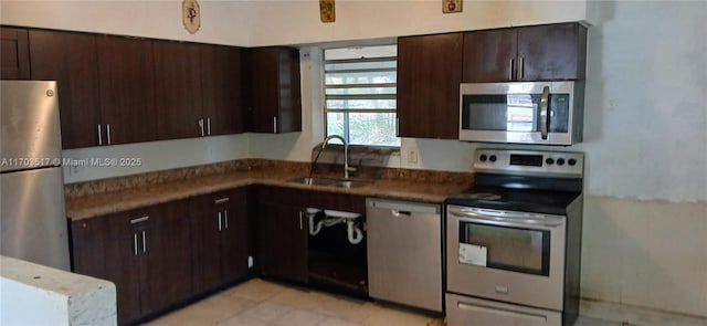 kitchen with dark brown cabinetry, sink, and appliances with stainless steel finishes