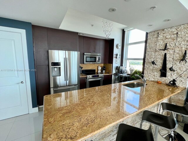 kitchen featuring kitchen peninsula, a kitchen bar, sink, dark brown cabinetry, and stainless steel appliances