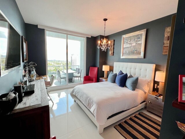 tiled bedroom with floor to ceiling windows and a chandelier