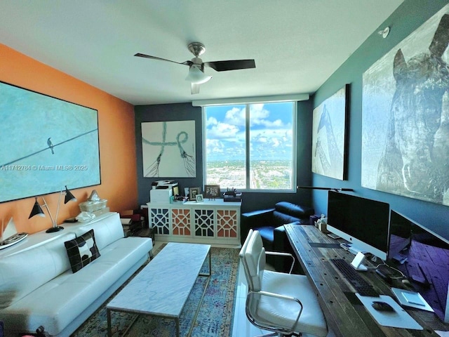 living area with a ceiling fan